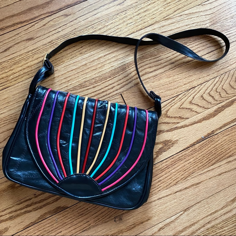 Vintage Leather Rainbow Bag Colorful 80s 90s 00s Shoulder Purse - Picture 2 of 3